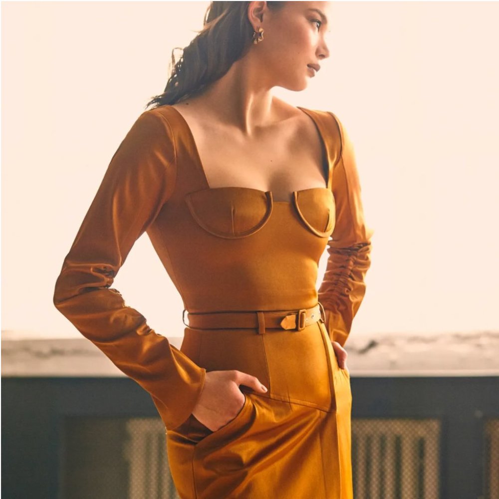 Cognac Slit Pencil Skirt by Hilary MacMillan - Picture 2 of 5